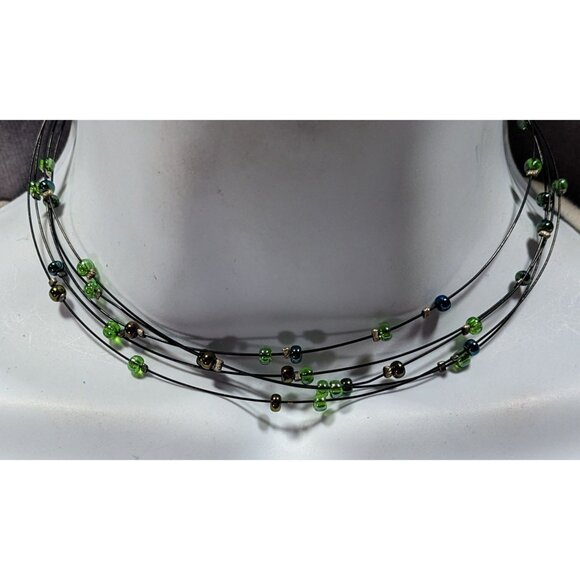 Casual Green And Brown Layered Floating Glass Bead Necklace - Picture 1 of 6